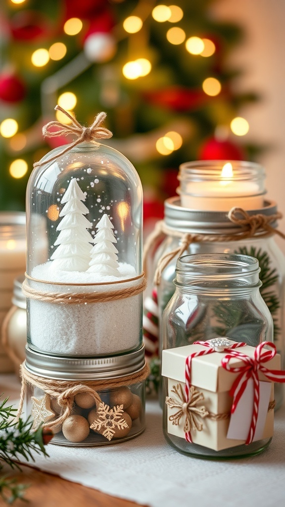 Decorated mason jars for Christmas including a snow globe, candle holder, and gift jars, arranged with holiday decor.